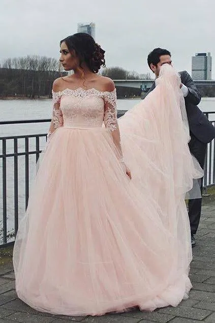 Off the Shoulder Long Sleeves Pink A-line Wedding Dresses, Blush Pink Tulle Bridal Dresses SWK15270