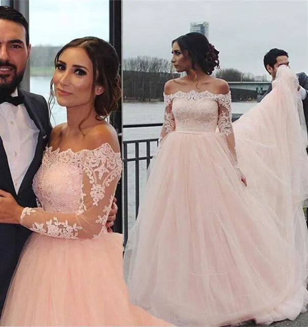 Off the Shoulder Long Sleeves Pink A-line Wedding Dresses, Blush Pink Tulle Bridal Dresses SWK15270