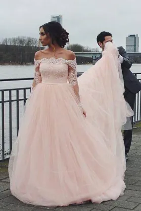 Off the Shoulder Long Sleeves Pink A-line Wedding Dresses, Blush Pink Tulle Bridal Dresses SWK15270